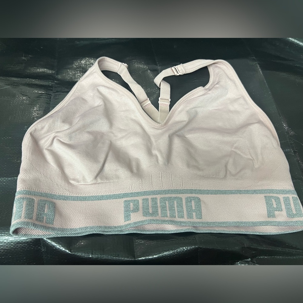PUMA Women's Light Pink Sports Bra with Blue Accents